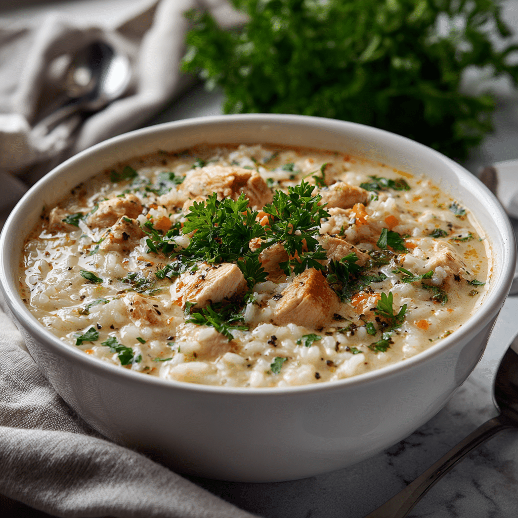 : creamy chicken and rice soup recipe in bowl