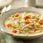 Creamy chicken noodle soup served warm with herbs