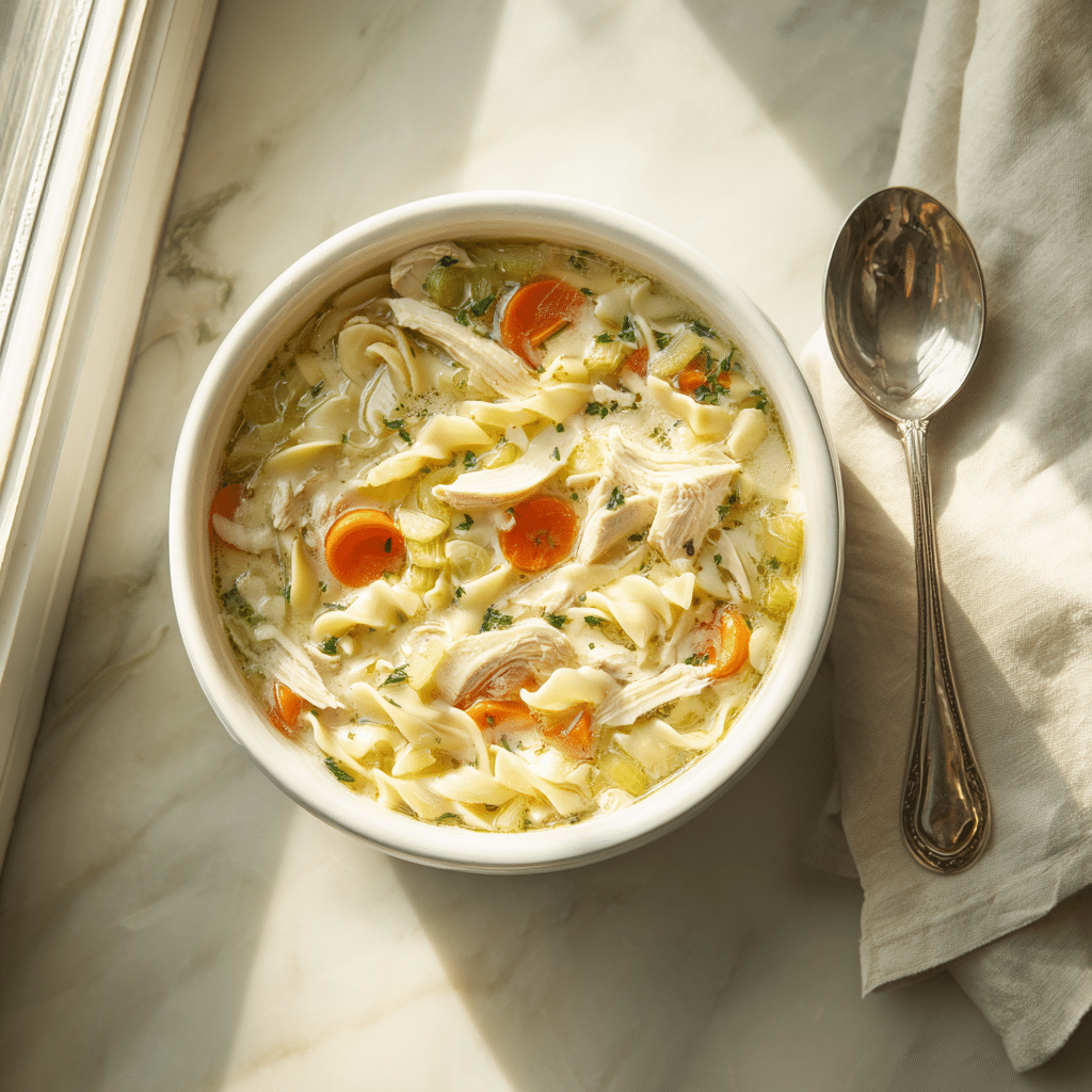 Family-style creamy chicken noodle soup served in a white bowl