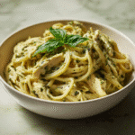Featured image of creamy pesto chicken pasta with sliced chicken.