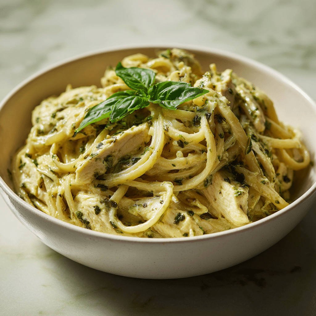 Featured image of creamy pesto chicken pasta with sliced chicken.