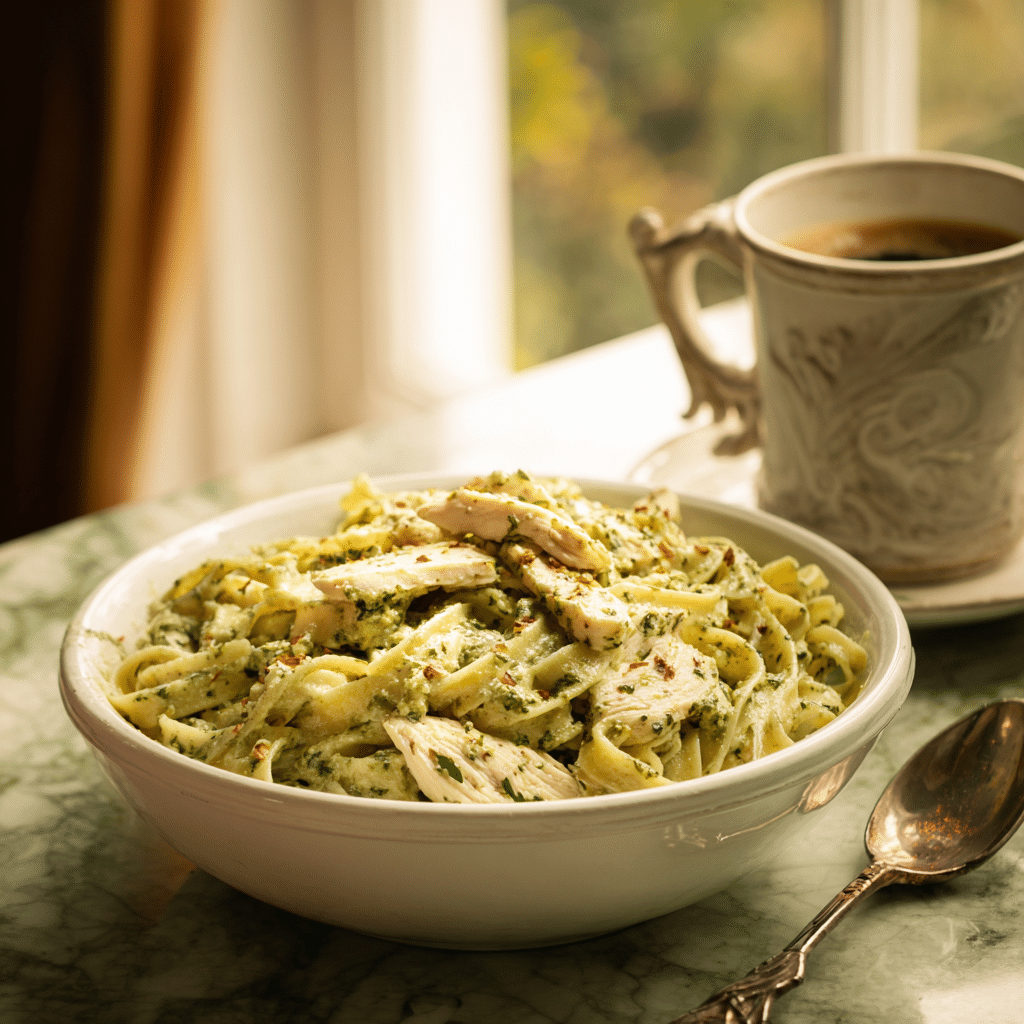 Serving of creamy pesto chicken pasta in a white bowl.