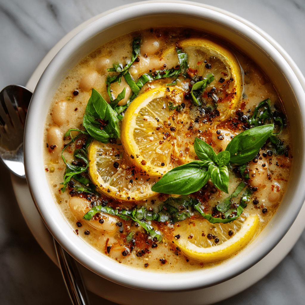 Overhead view of creamy Tuscan white bean lemon soup with basil and lemon.