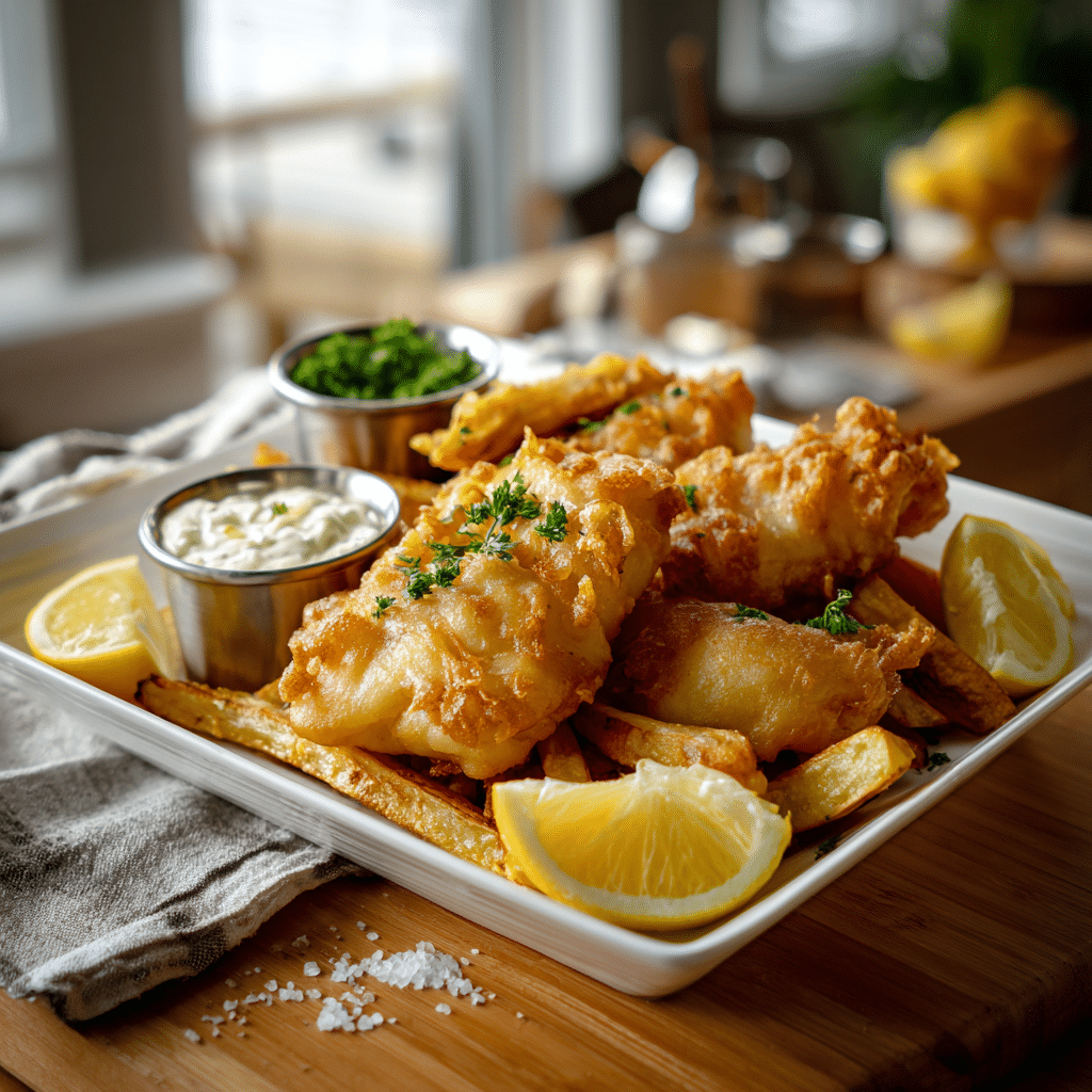 Homemade fish and chips recipe plated with lemon wedges