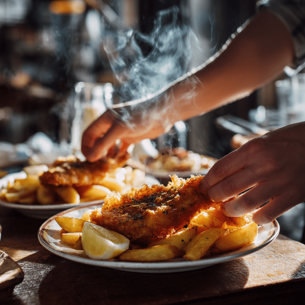 Homemade fish and chips recipe plated with lemon wedges