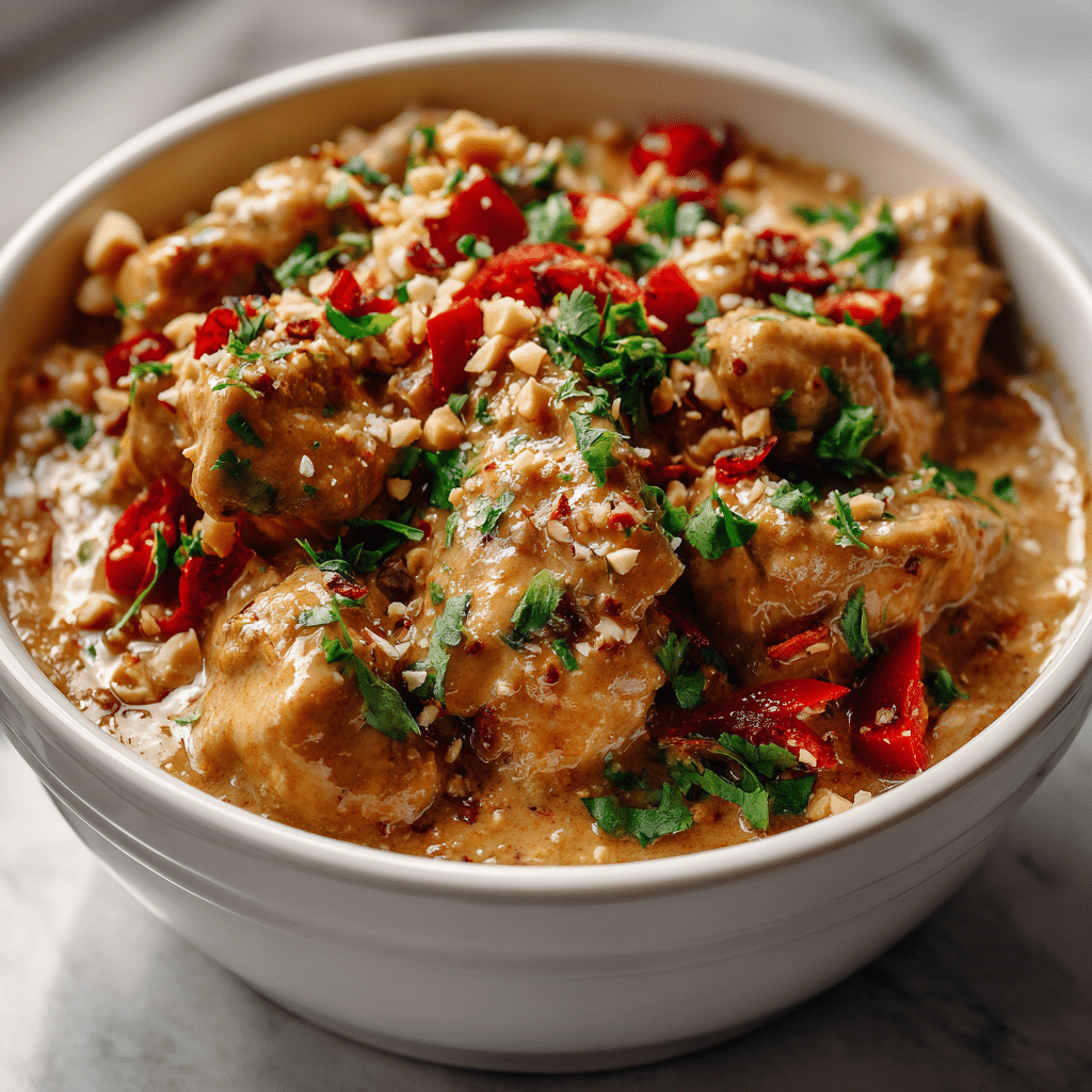 Crockpot Thai Peanut Chicken with peanut sauce and cilantro.