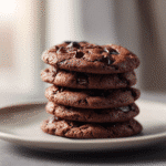 stack of double chocolate chip cookies on modern kitchen counter