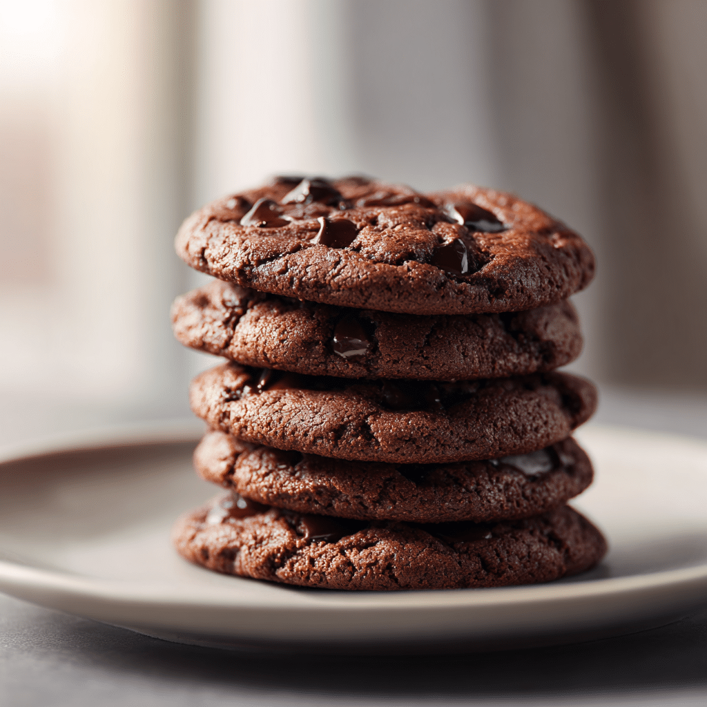 stack of double chocolate chip cookies on modern kitchen counter