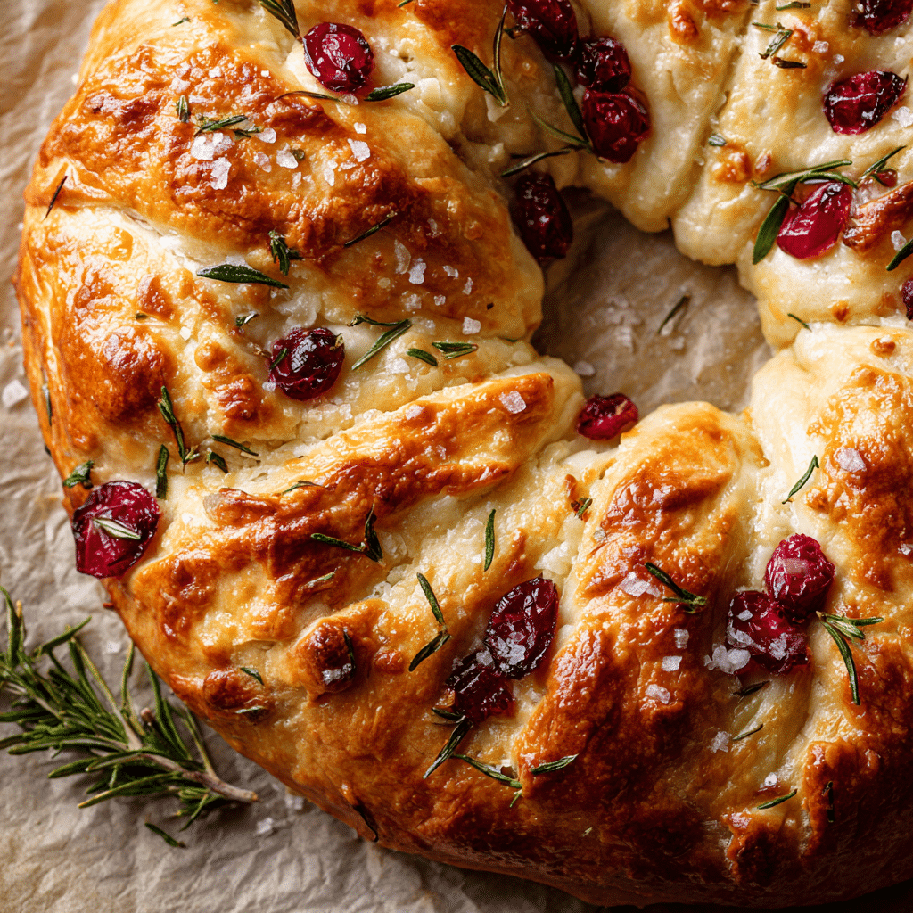 Overhead cranberry and brie pastry wreath on parchment paper