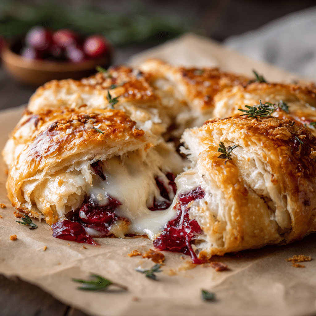 Easy Cranberry & Brie Wreath slice showing melted filling