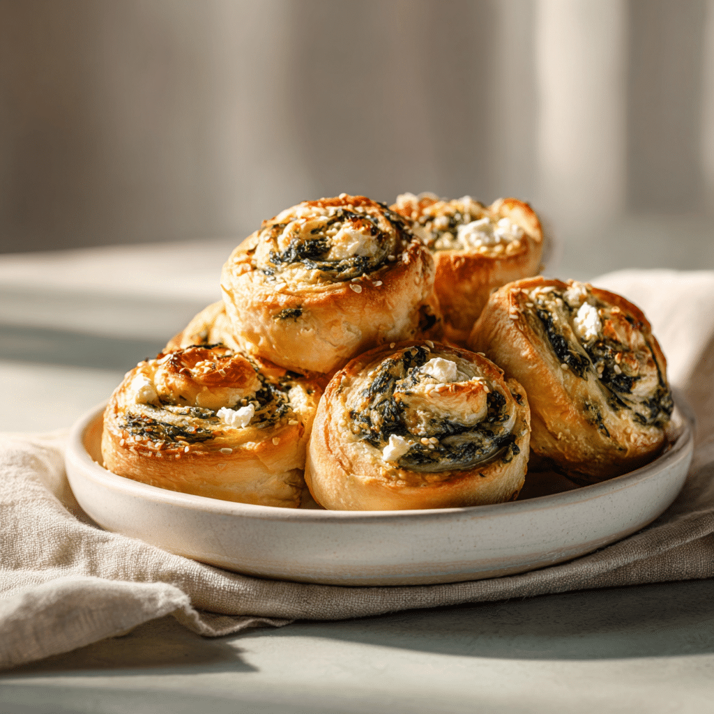 Spinach and feta pinwheels served on plate