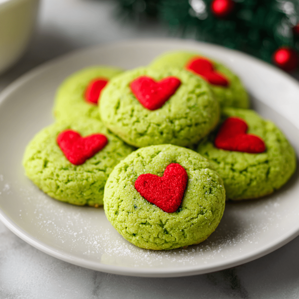 freshly baked green Grinch sugar cookies with red hearts