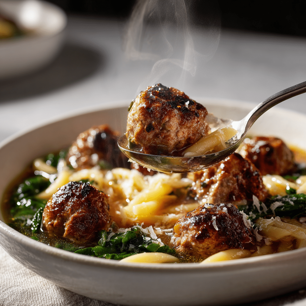 serving italian wedding soup close-up