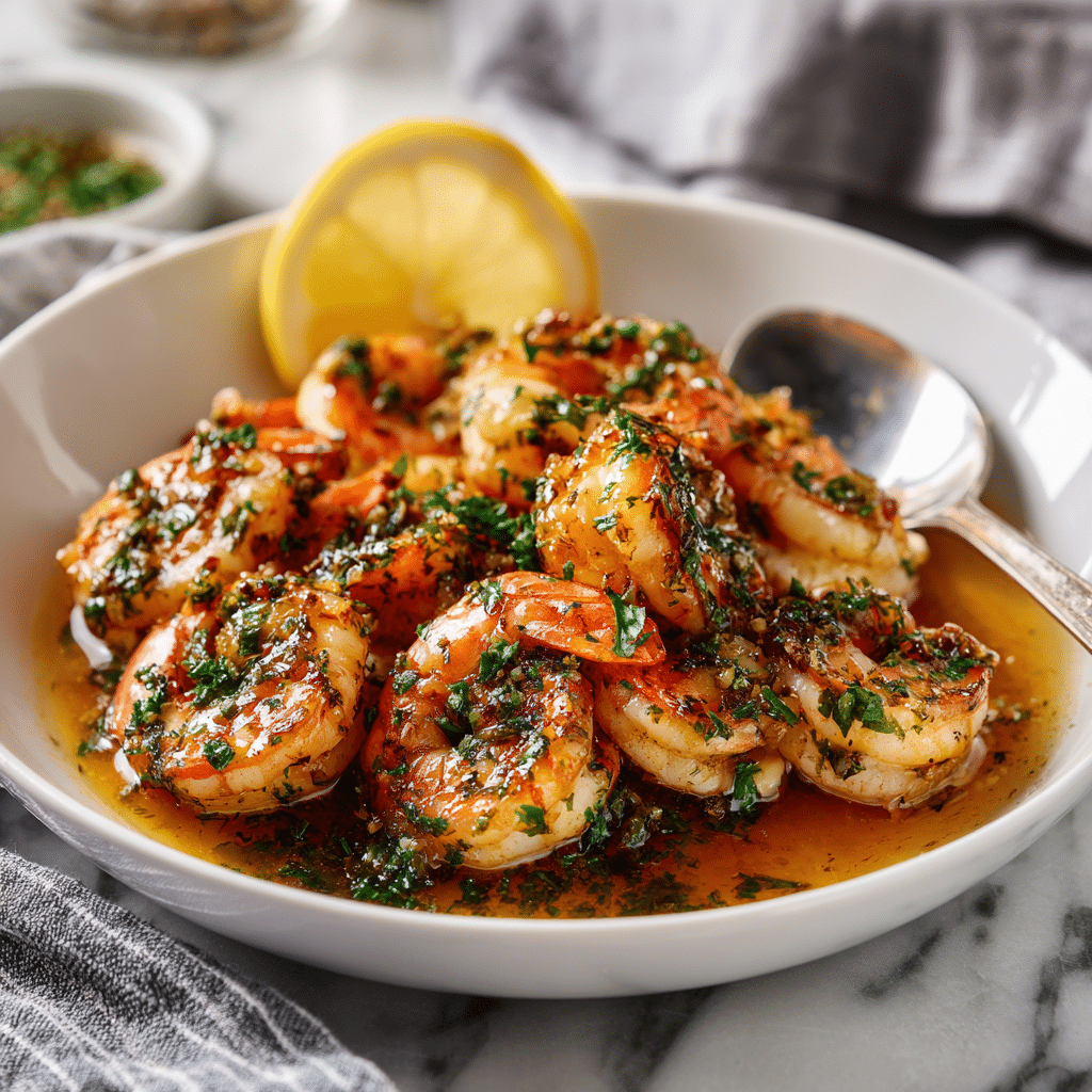 Lemon garlic shrimp cooking in a white skillet