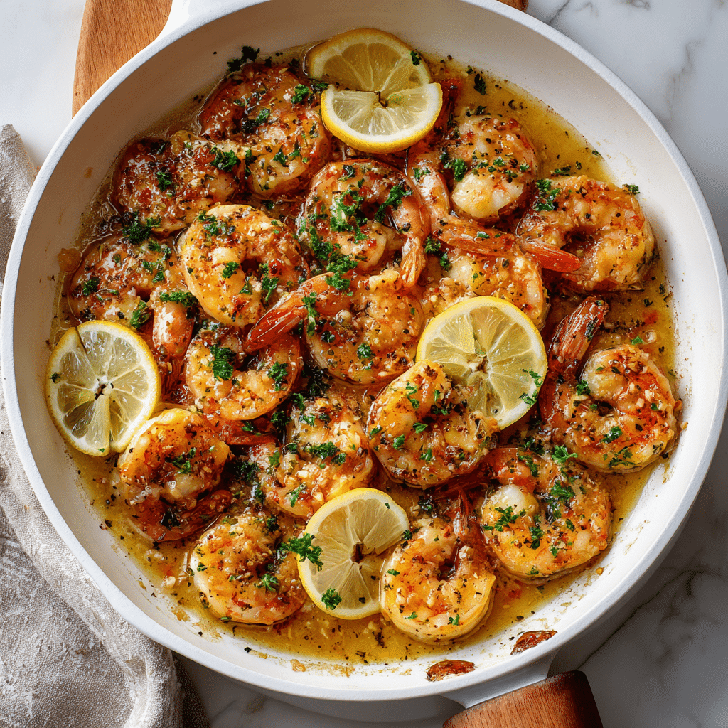 Lemon garlic shrimp cooking in a white skillet