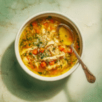 lemon ginger turmeric chicken and rice soup featured image