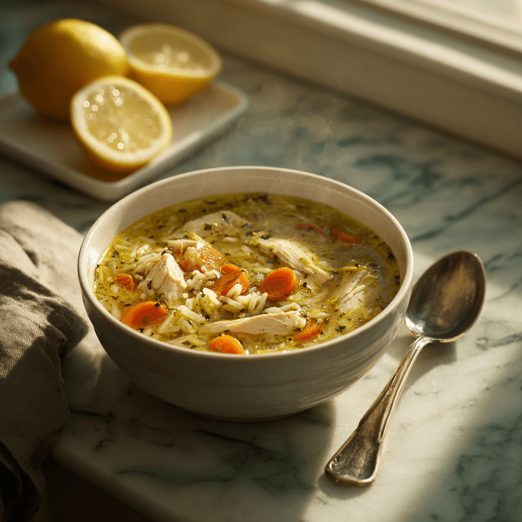serving lemon ginger turmeric chicken and rice soup