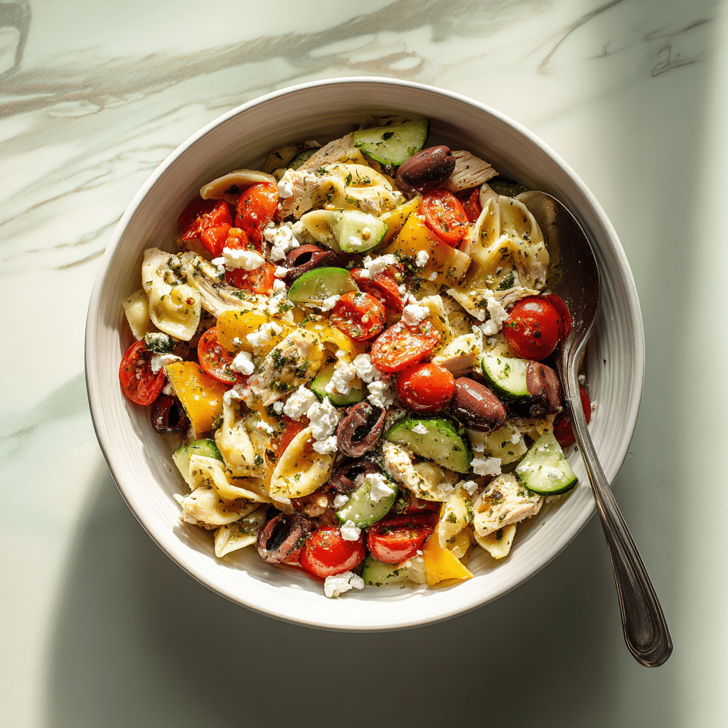 Individual servings of Mediterranean chicken pasta salad
