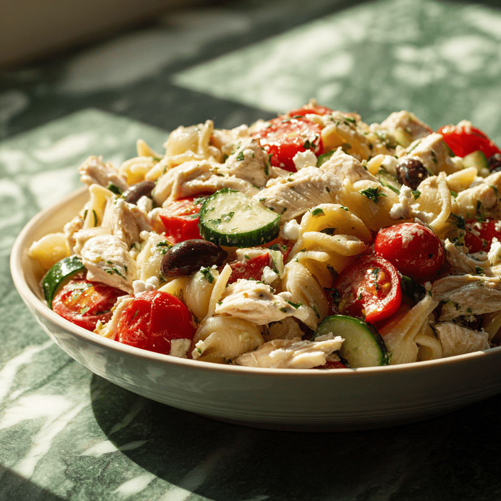 Mediterranean chicken pasta salad close-up with fresh vegetables