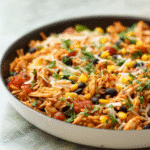 overhead view one-pan chicken burrito bowl