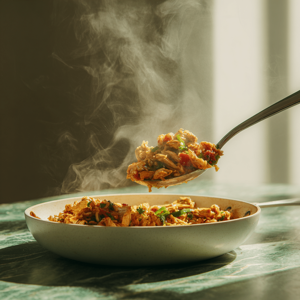 Serving scoop of One-Pan Chicken Burrito Bowl rice and beans dinner meals.