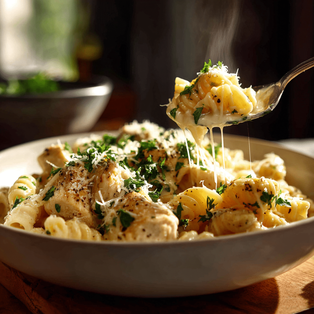 Creamy garlic chicken pasta served in white skillet