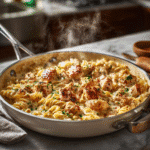 Creamy garlic chicken pasta served in white skillet