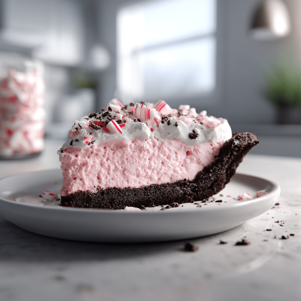sliced Oreo peppermint pie in modern kitchen lighting