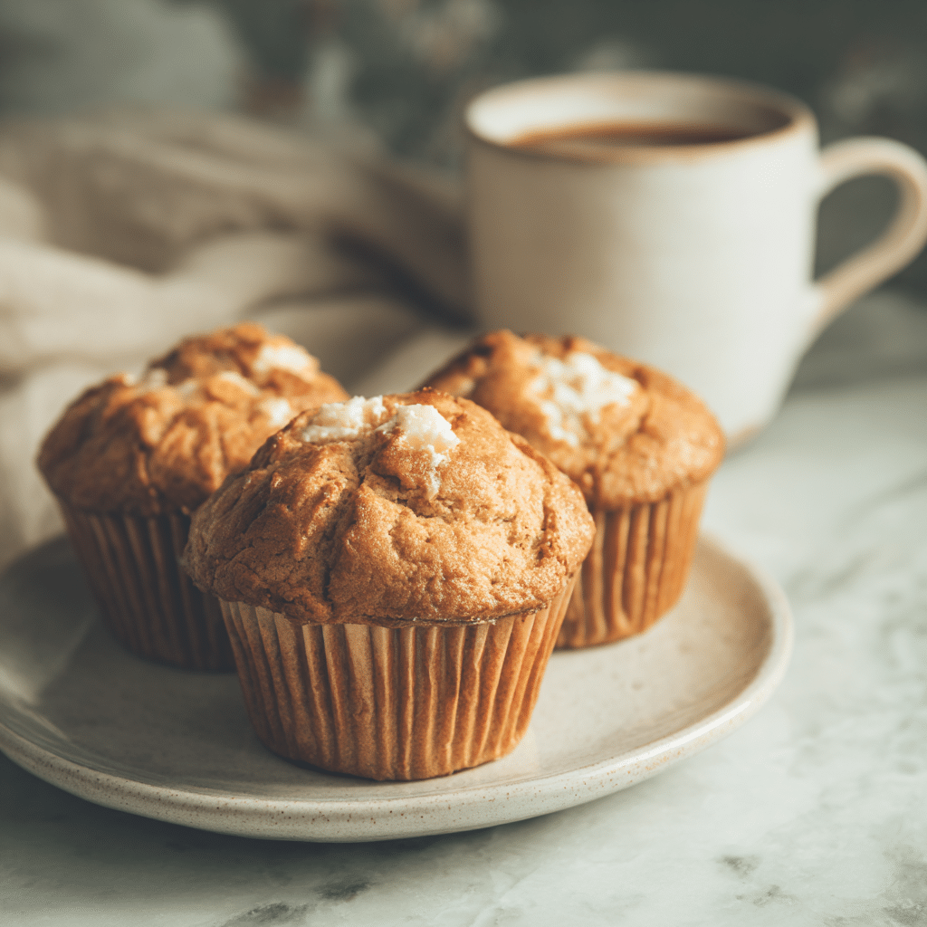 Pumpkin cream cheese muffins in white muffin tin on green marble countertop