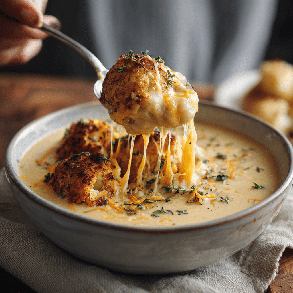 Keto-friendly roasted cauliflower and cheddar soup in a creamy bowl.
