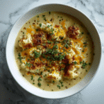 Keto-friendly roasted cauliflower and cheddar soup in a creamy bowl.