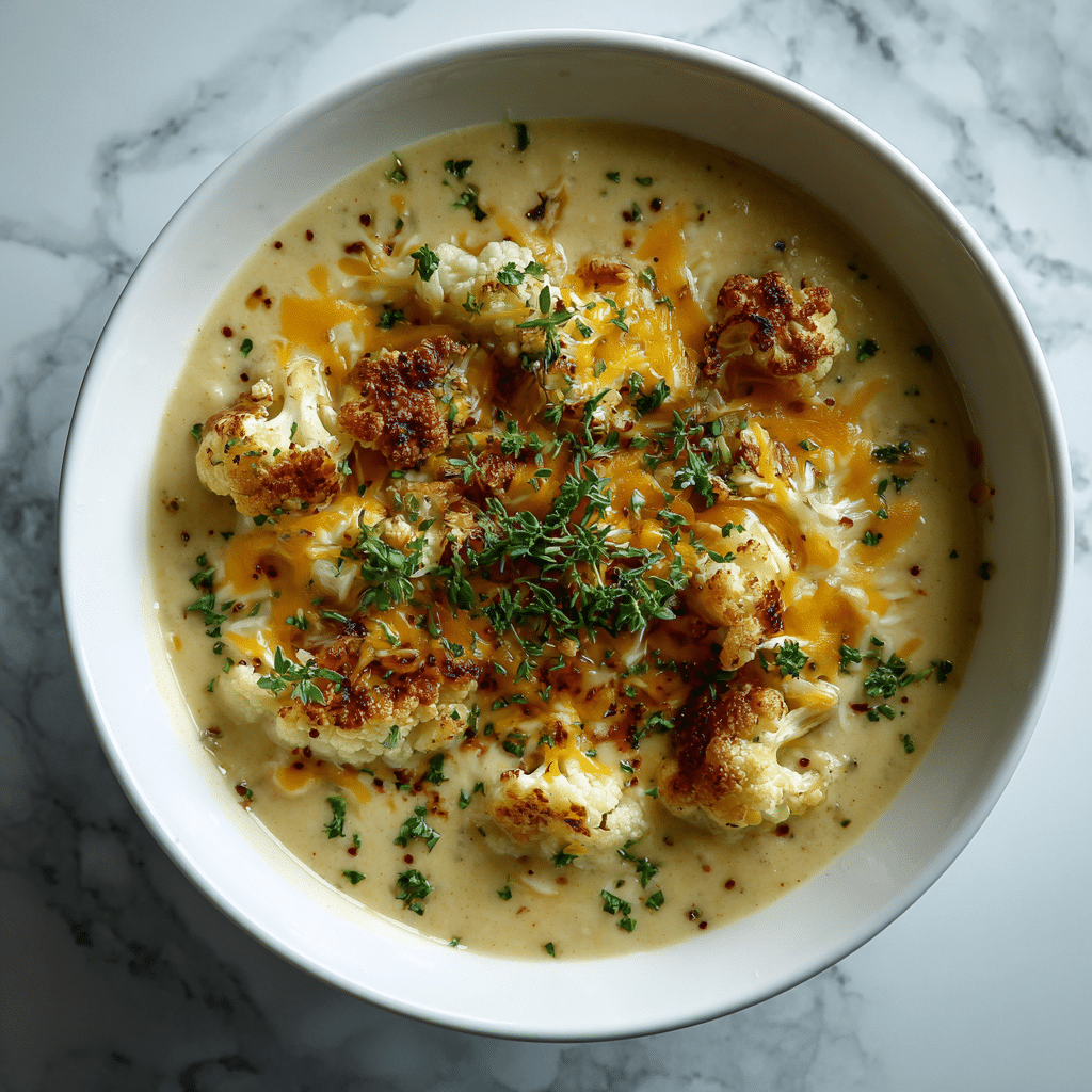 Keto-friendly roasted cauliflower and cheddar soup in a creamy bowl.