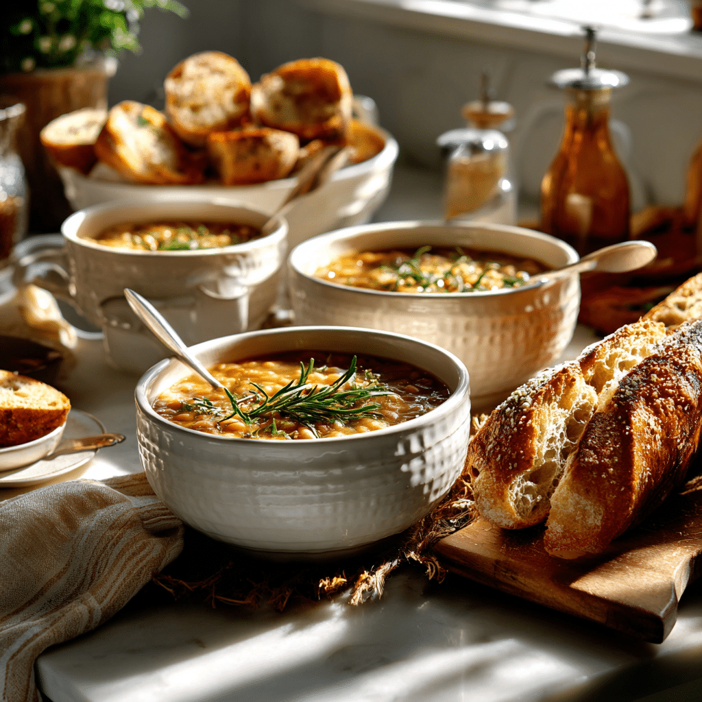 serving rosemary roasted garlic bean soup bowls