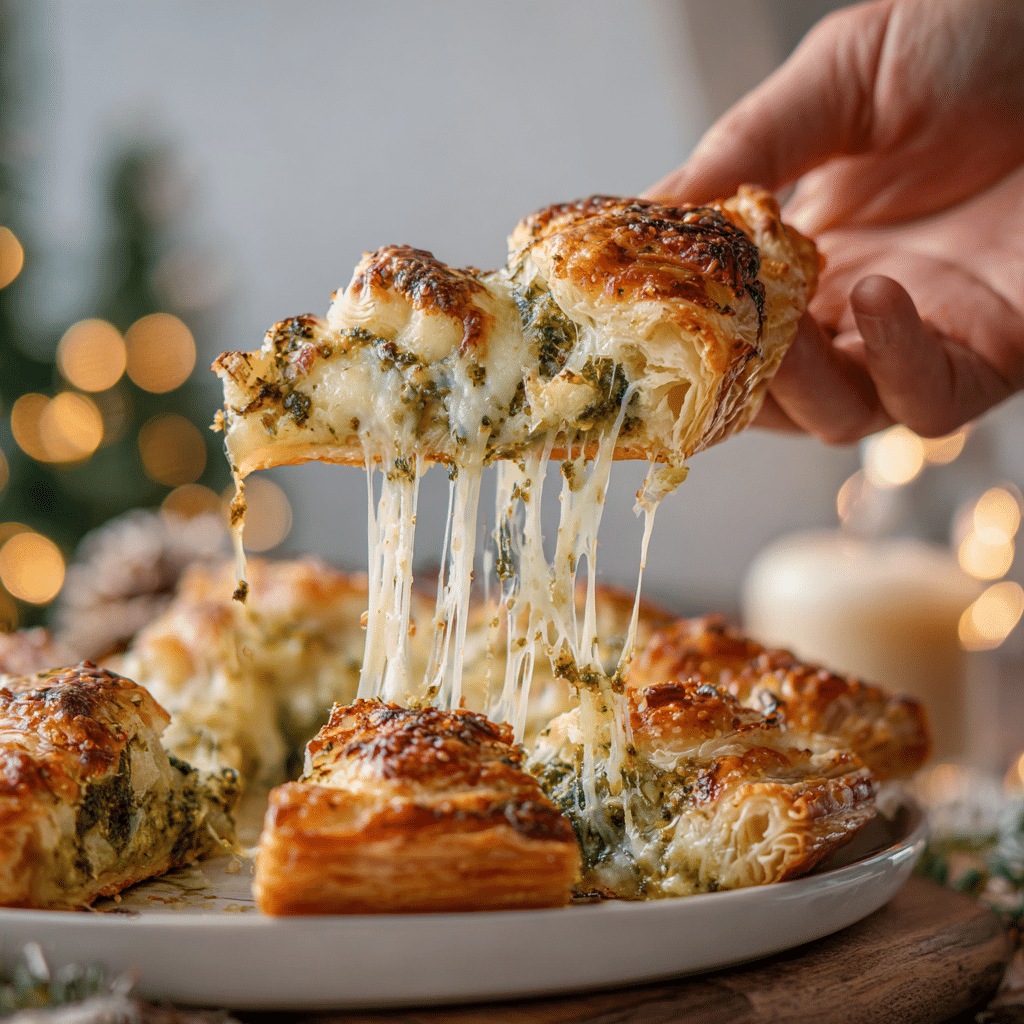 Serving basil pesto cheesy puff pastry Christmas tree