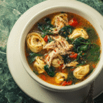 homemade chicken tortellini soup in bowl