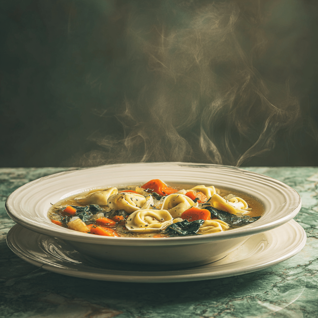 serving chicken tortellini soup ladled into bowl