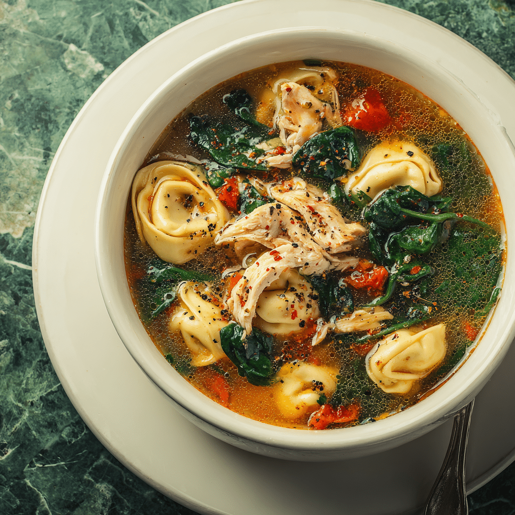 homemade chicken tortellini soup in bowl