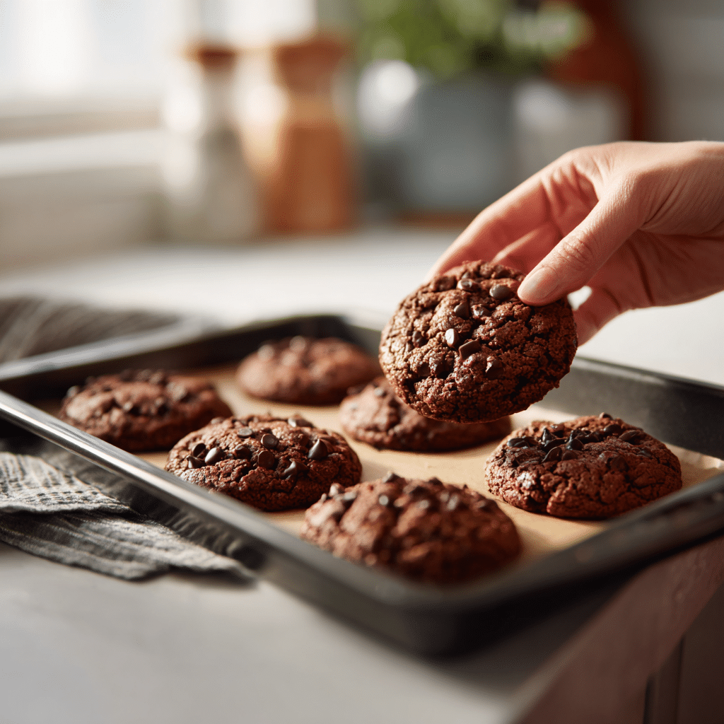 person serving warm double chocolate chip cookies from tray