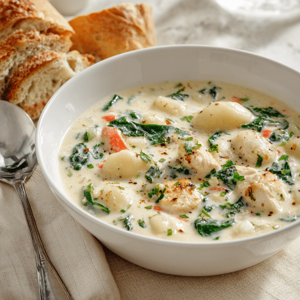 Serving Olive Garden Chicken Gnocchi Soup in warm bowls