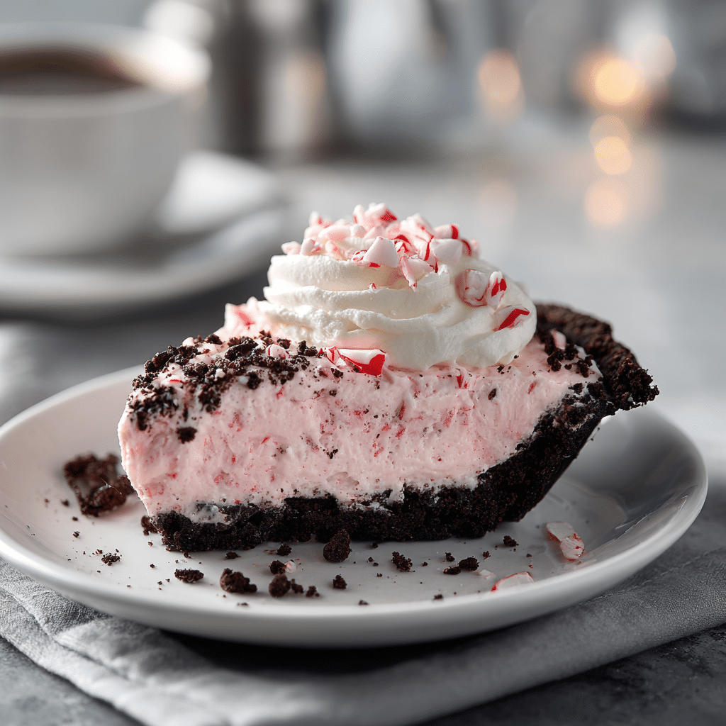 serving a slice of Oreo peppermint pie with peppermint cream filling