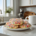 plate of sprinkle sugar cookies in modern kitchen