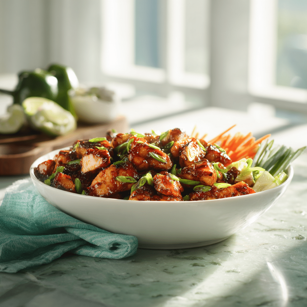 Sweet chili chicken bowl served with coconut lime drizzle