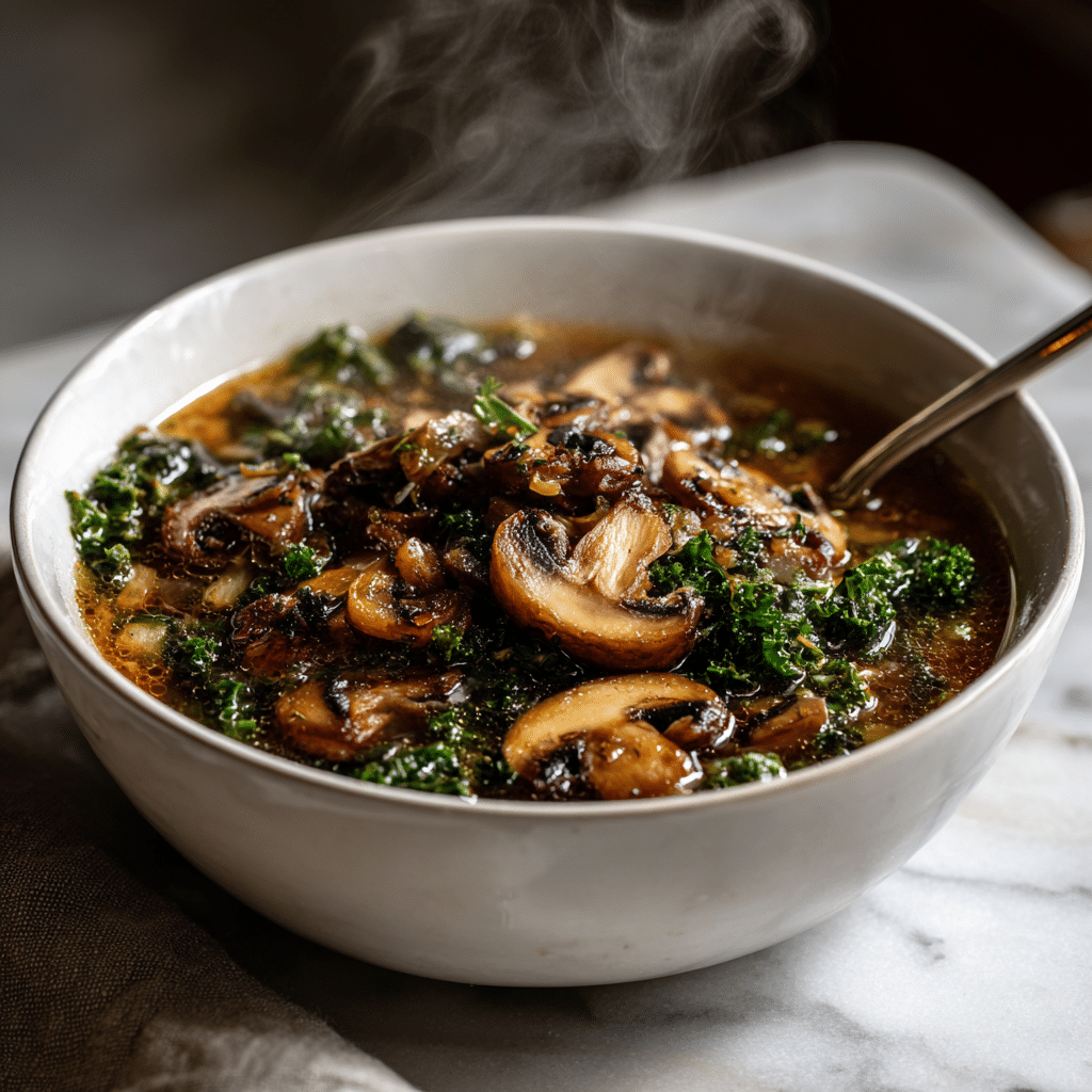 Featured Wild Mushroom, Caramelized Onion and Kale Soup.