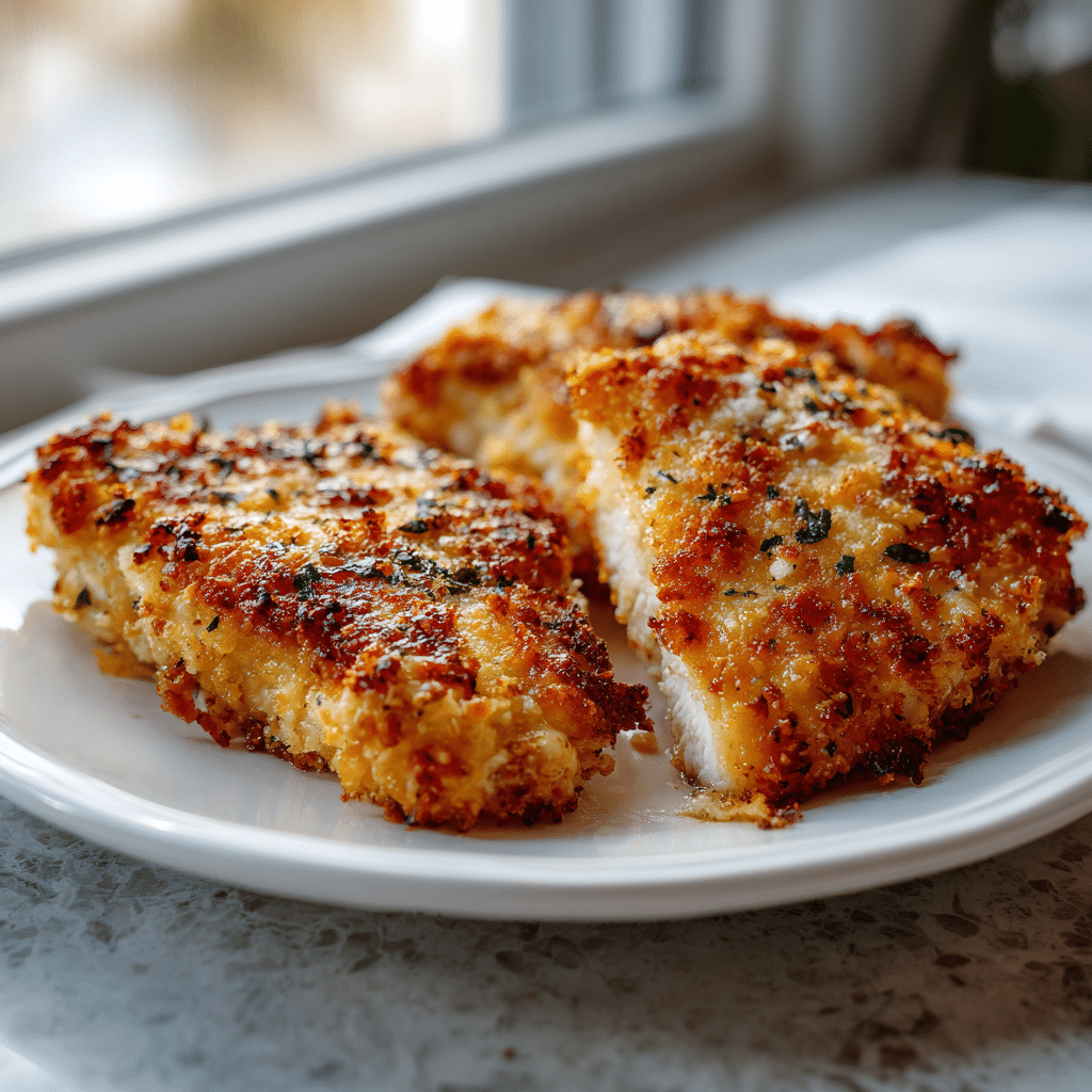 Featured Baked Parmesan Crusted Chicken with parmesan panko crust.