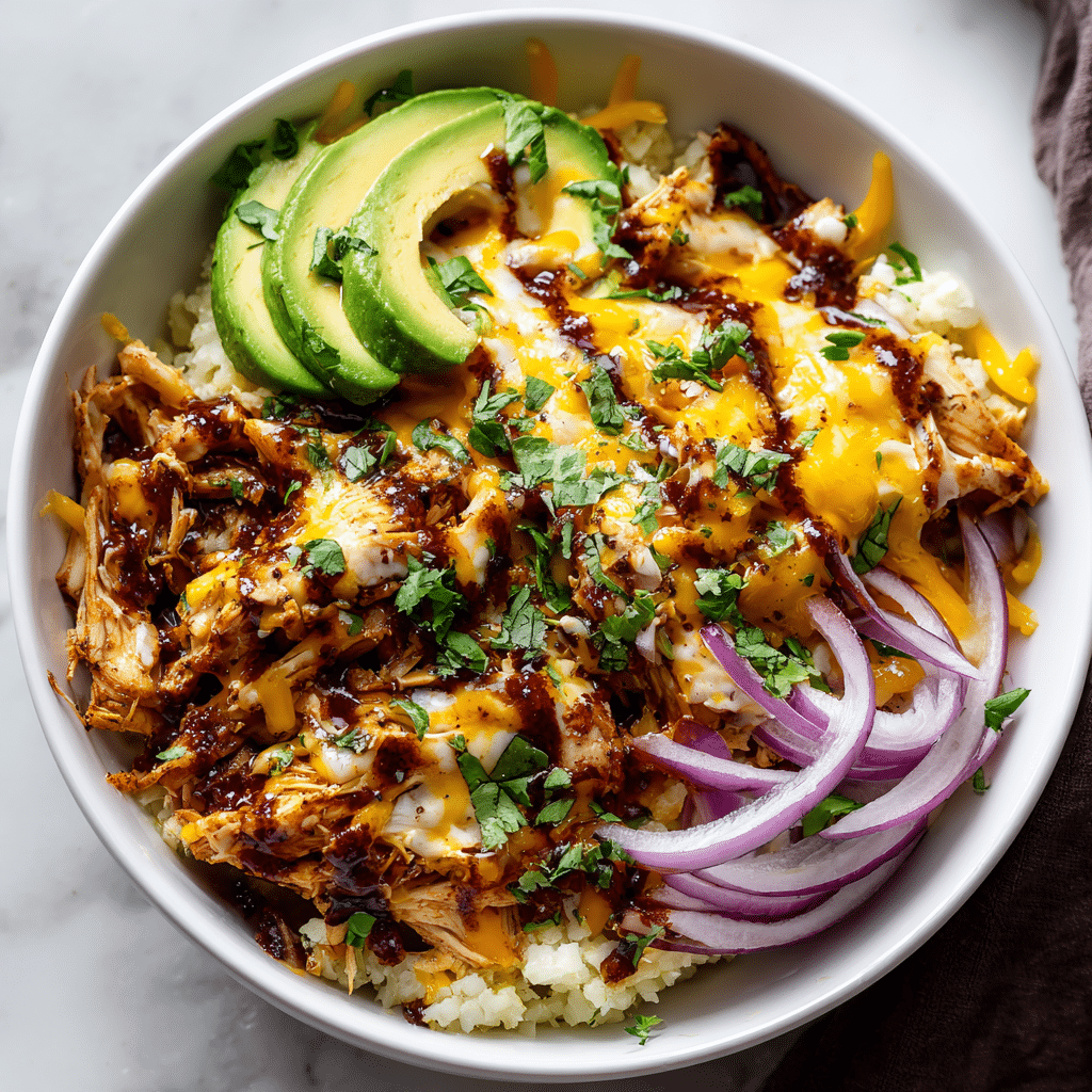 Featured healthy chicken enchilada bowl with melted cheese and toppings