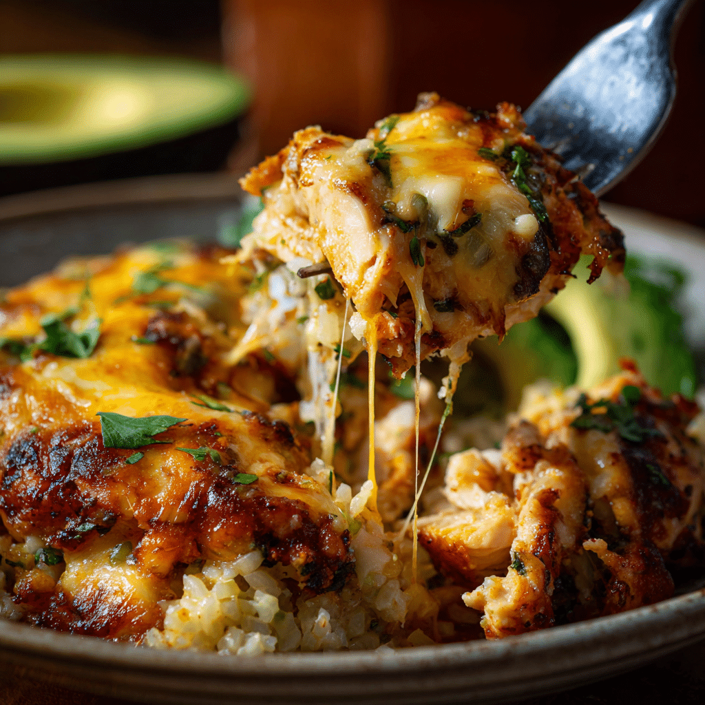 Featured healthy chicken enchilada bowl with melted cheese and toppings