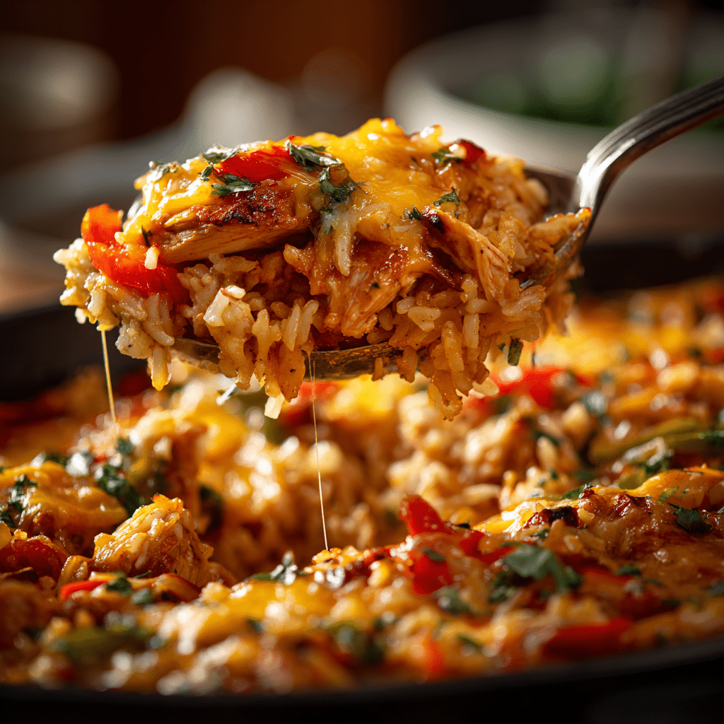 Featured baked Chicken Fajita Casserole with peppers and cheese.