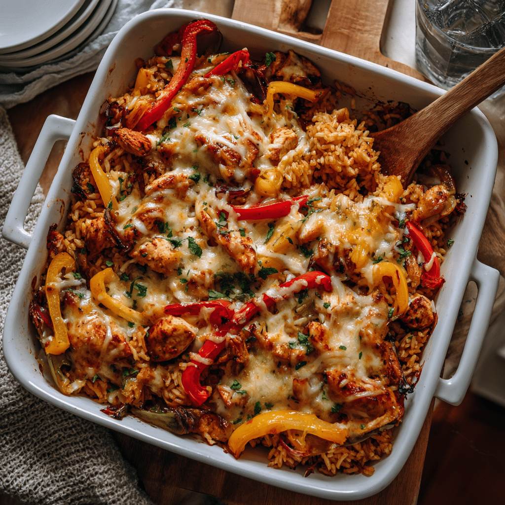 Featured baked Chicken Fajita Casserole with peppers and cheese.
