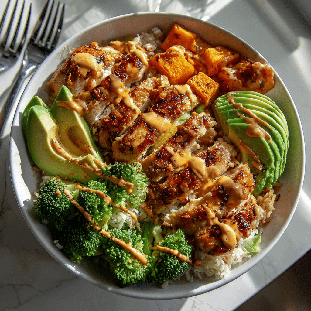 Featured healthy chicken and sweet potato rice bowl.