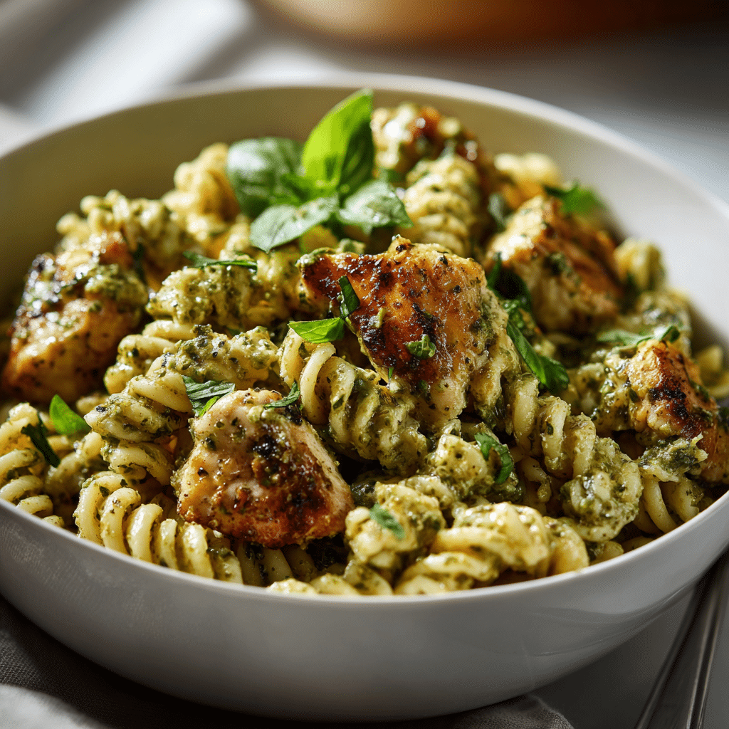 Featured creamy chicken pesto pasta in skillet.